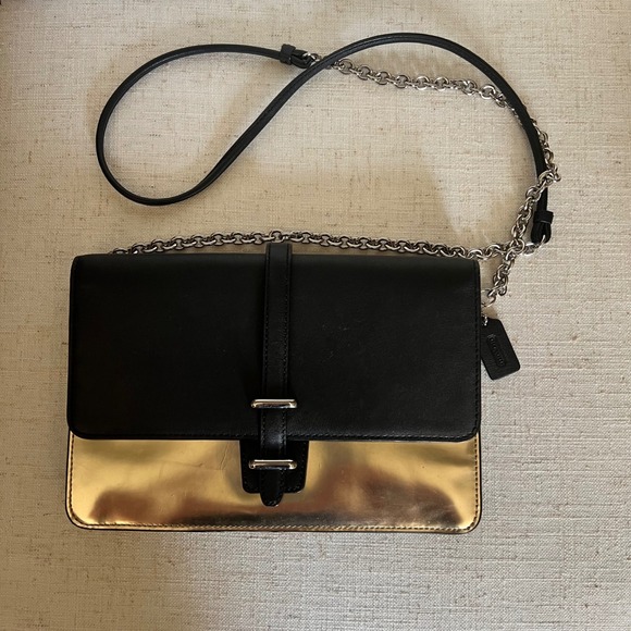 COACH New York Black and Gold Leather Crossbody Bag Chain Strap Purse - Picture 1 of 8